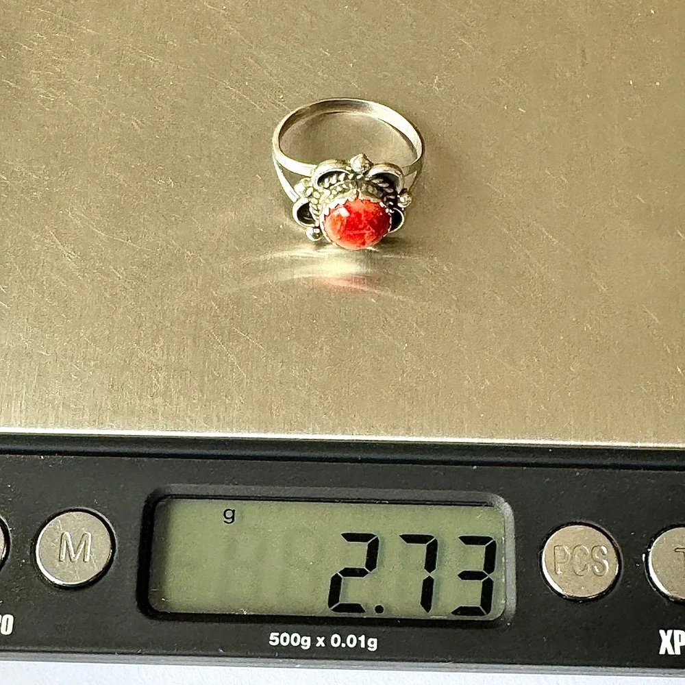 Navajo Flower Ring Red Spiny Oyster Sz 7 Sterling Silver Scalloped Native Amer